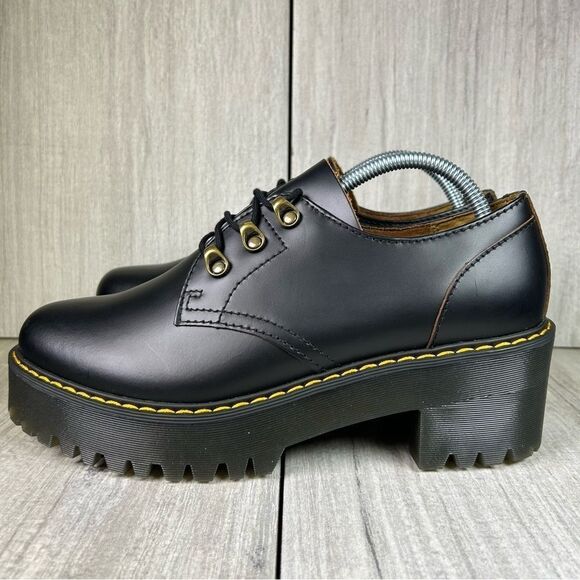 NEW Dr. Martens Docs Leona Lo Black Leather Heeled Platform Boots Womens Size 10 - Picture 5 of 10